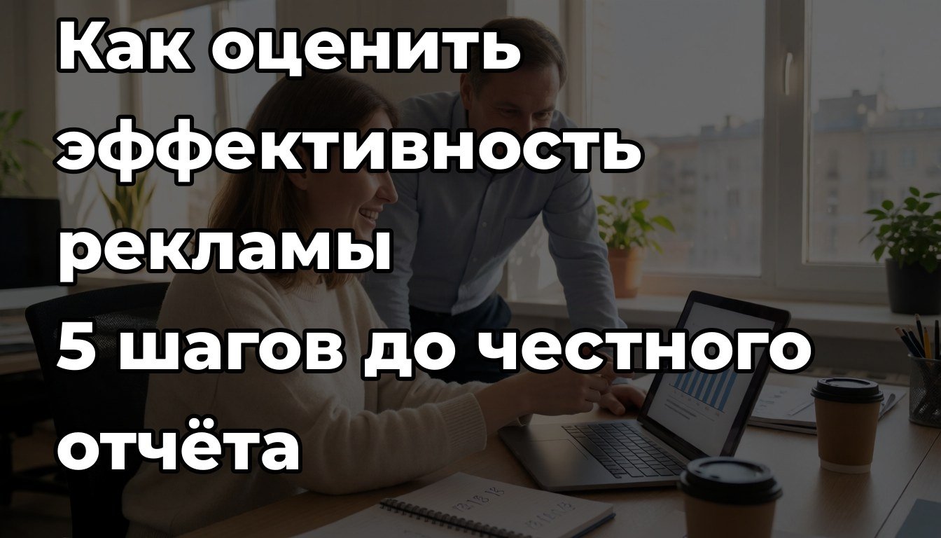 Обложка статьи об оценке эффективности рекламы с ноутбуком и графиком